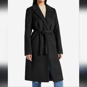 Women's Size Medium Shoe Dazzle Black Belted Faux Wool Coat Mid Length